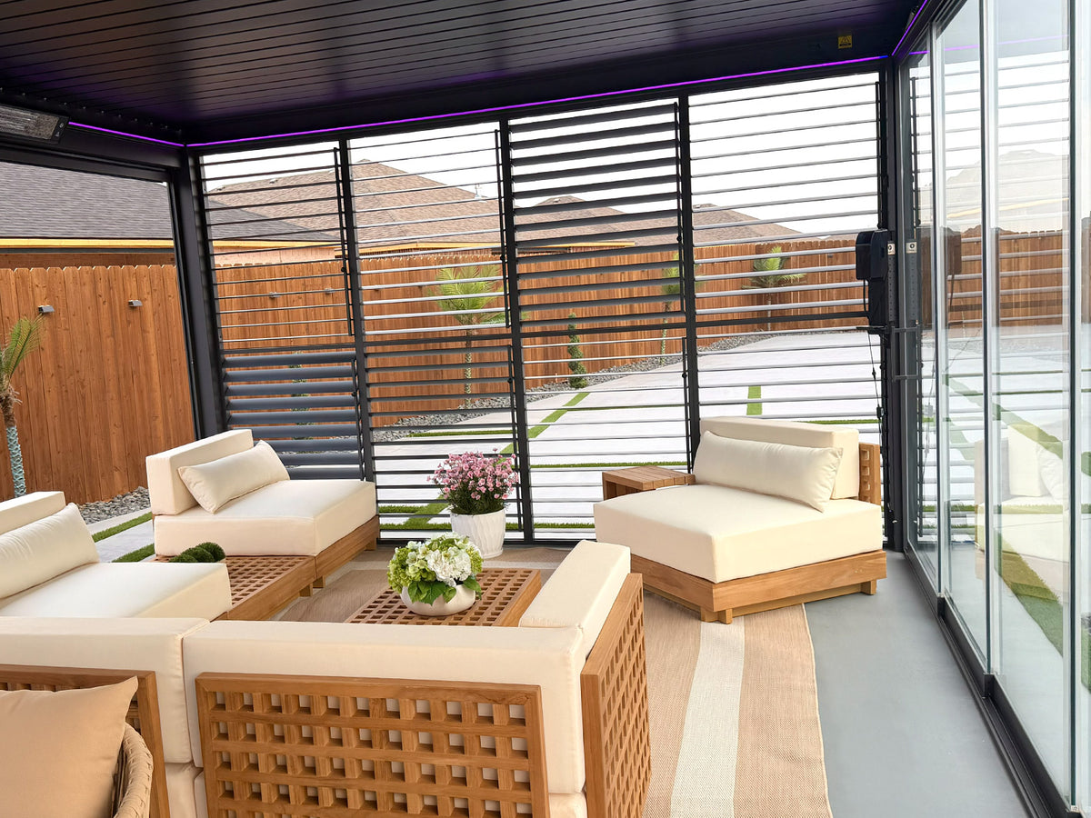 FlexPatio pergola configured for entertaining