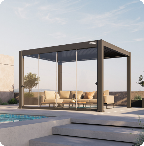 Sliding glass doors fitted to a FlexPatio pergola